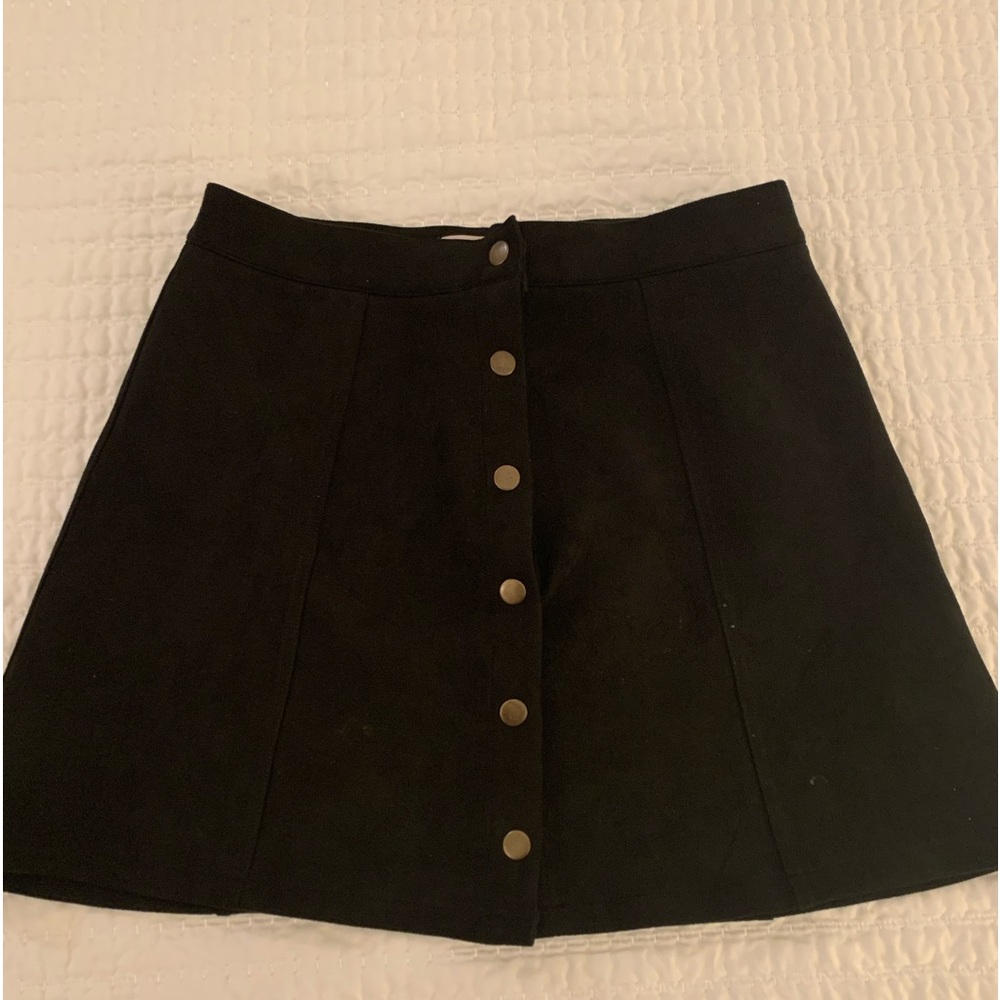Faux suede button front a-line skirt in black.